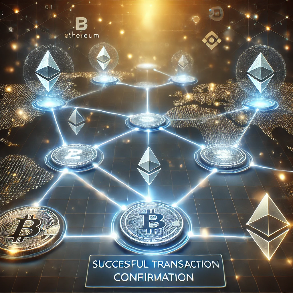 A glowing digital blockchain bridge connecting Ethereum, Binance Smart Chain, and Polygon, symbolizing seamless asset transfers and interoperability in crypto trading.