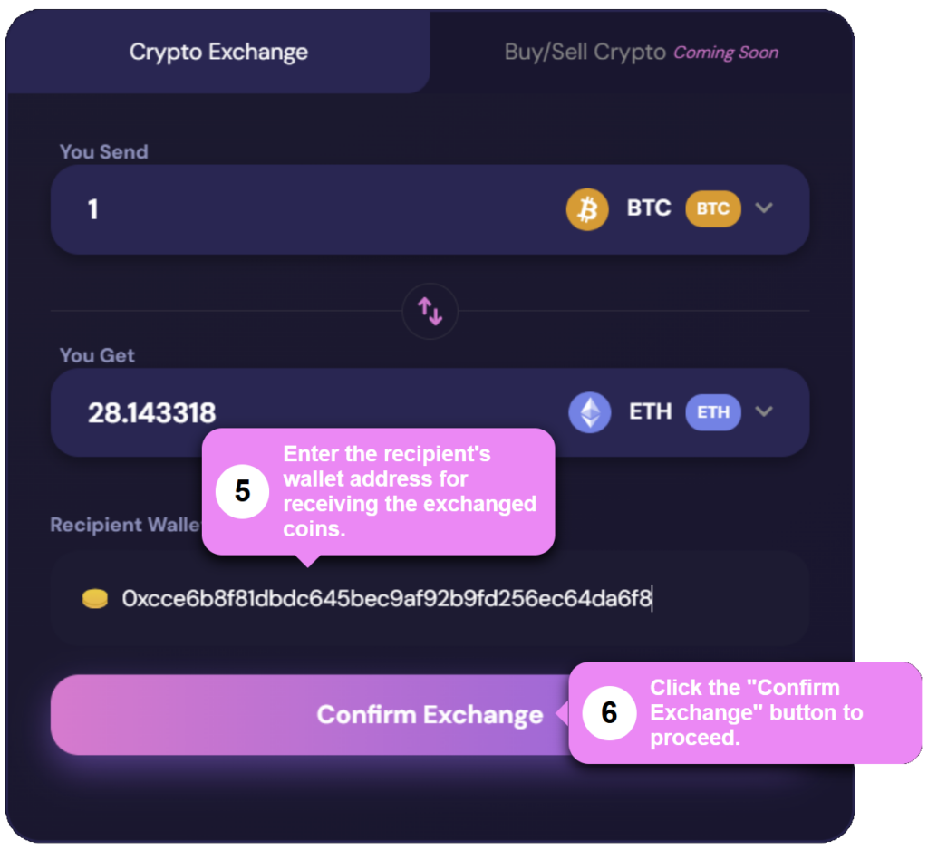 A step-by-step guide for using GhostSwap's crypto exchange interface, showing the input of Bitcoin to exchange for Ethereum, the recipient wallet address, and the confirm exchange button.