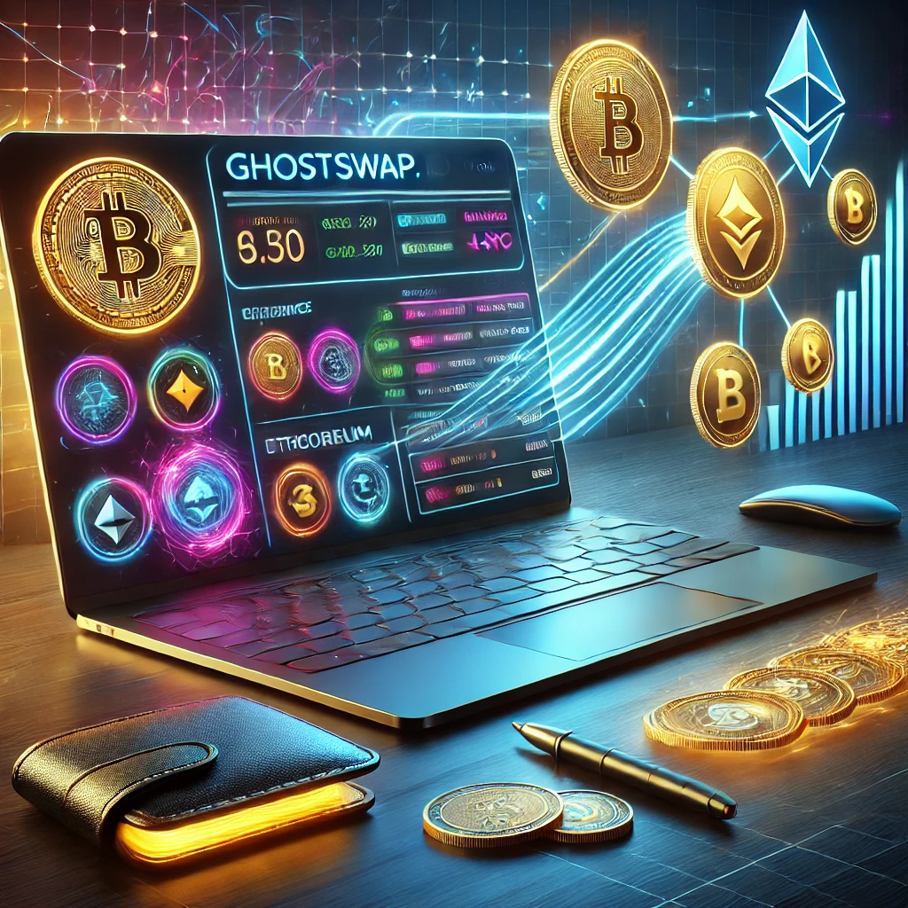 A modern cryptocurrency exchange interface displayed on a sleek laptop, showcasing GhostSwap.io with a list of cryptocurrencies and a futuristic desk setup.