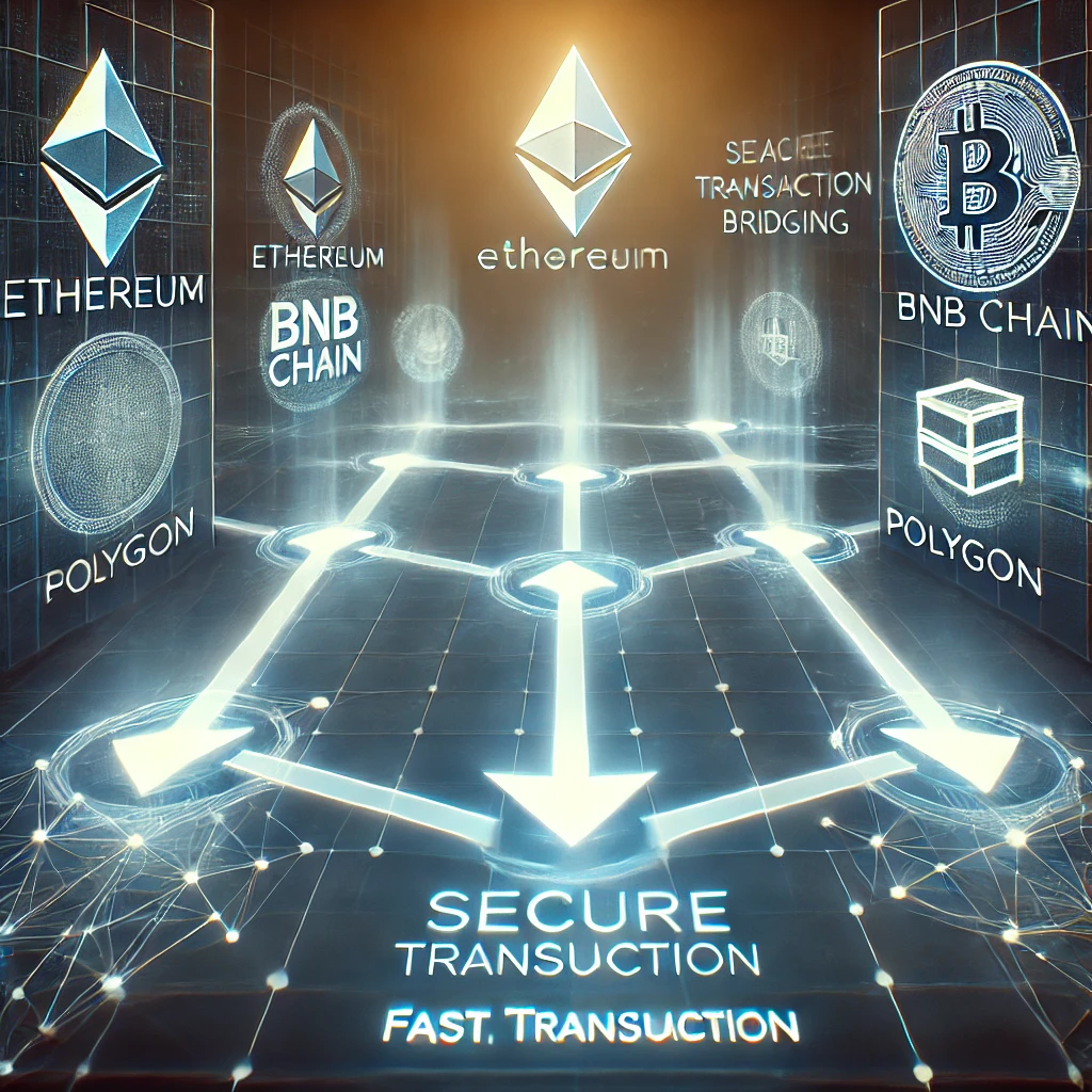 A futuristic digital exchange interface displaying seamless cryptocurrency swaps and cross-chain bridging, with Ethereum, BNB Chain, and Polygon networks connected through animated arrows.