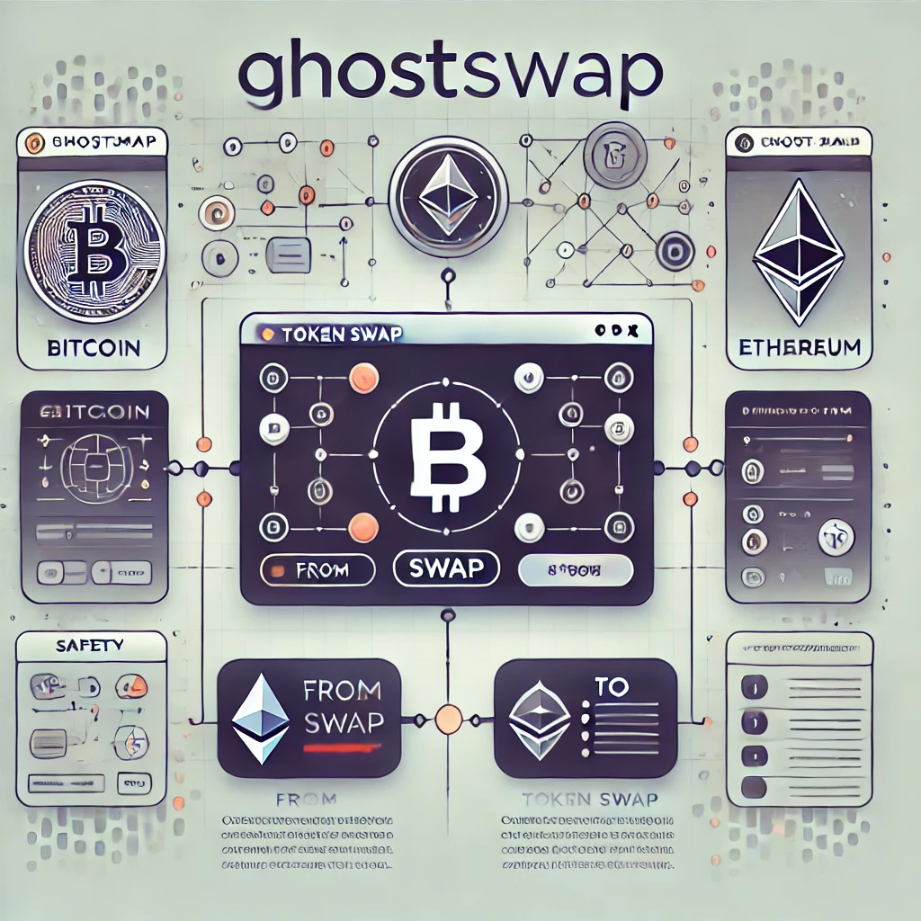 Illustration of GhostSwap's intuitive crypto swapping interface featuring connected wallets, popular cryptocurrencies like Bitcoin and Ethereum, and secure blockchain elements.