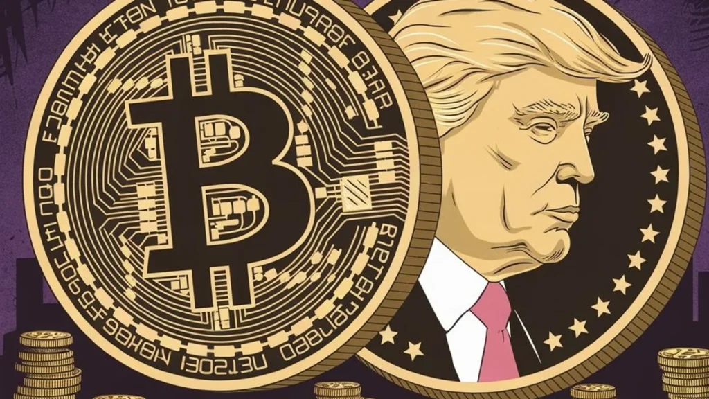Een grafische weergave van de snel groeiende populariteit van Trump Coin ($TRUMP), met een groeiende marktkapitalisatiegrafiek naast een opvallend "$TRUMP"-logo, benadrukt door een dynamisch, futuristisch crypto-marktthema.