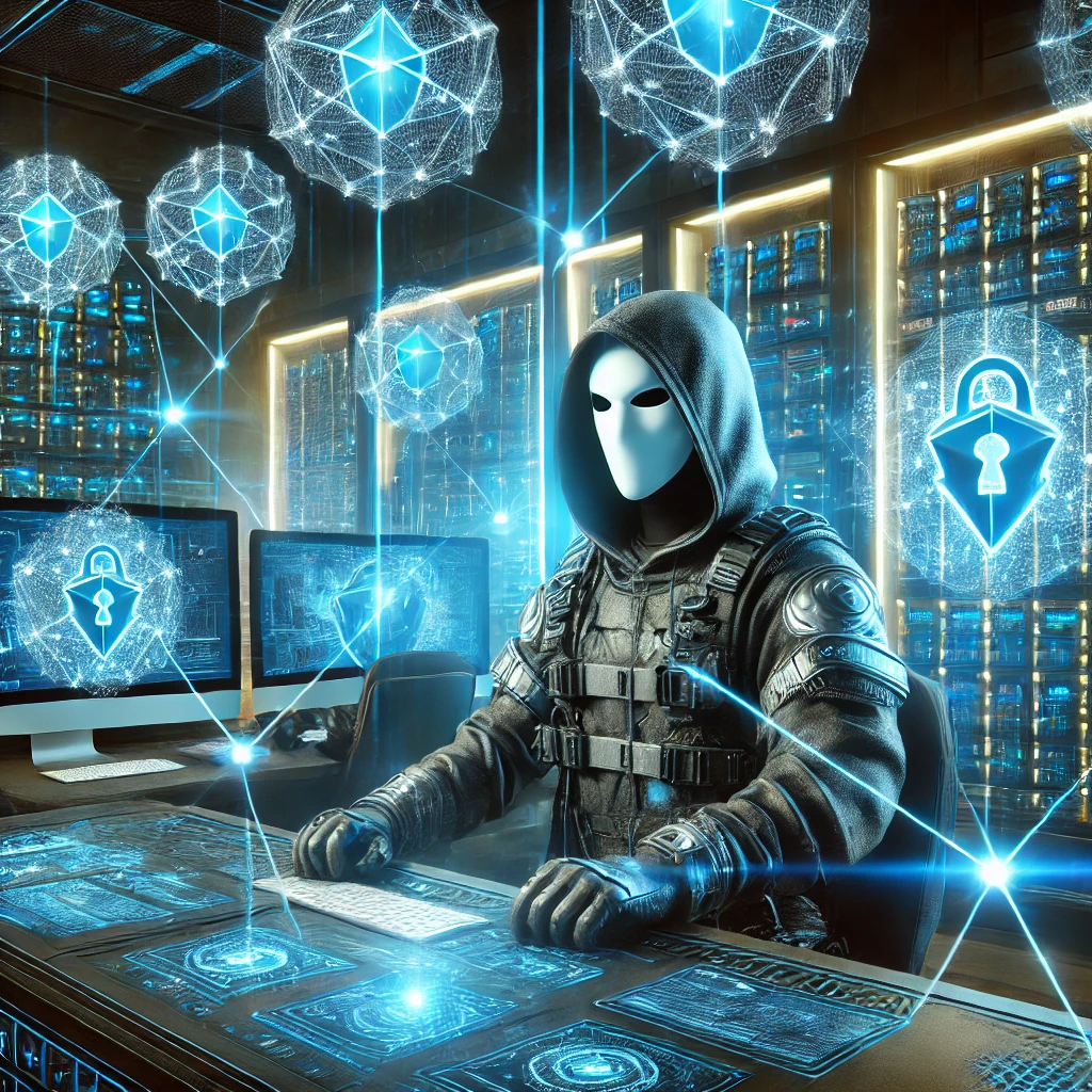 A cybersecurity-themed illustration of GhostSwap, a private crypto exchange. The image features a masked trader in a futuristic control room, surrounded by digital security shields and blockchain nodes interconnected with glowing blue lines. The scene highlights data privacy, anonymity, and secure decentralized trading.