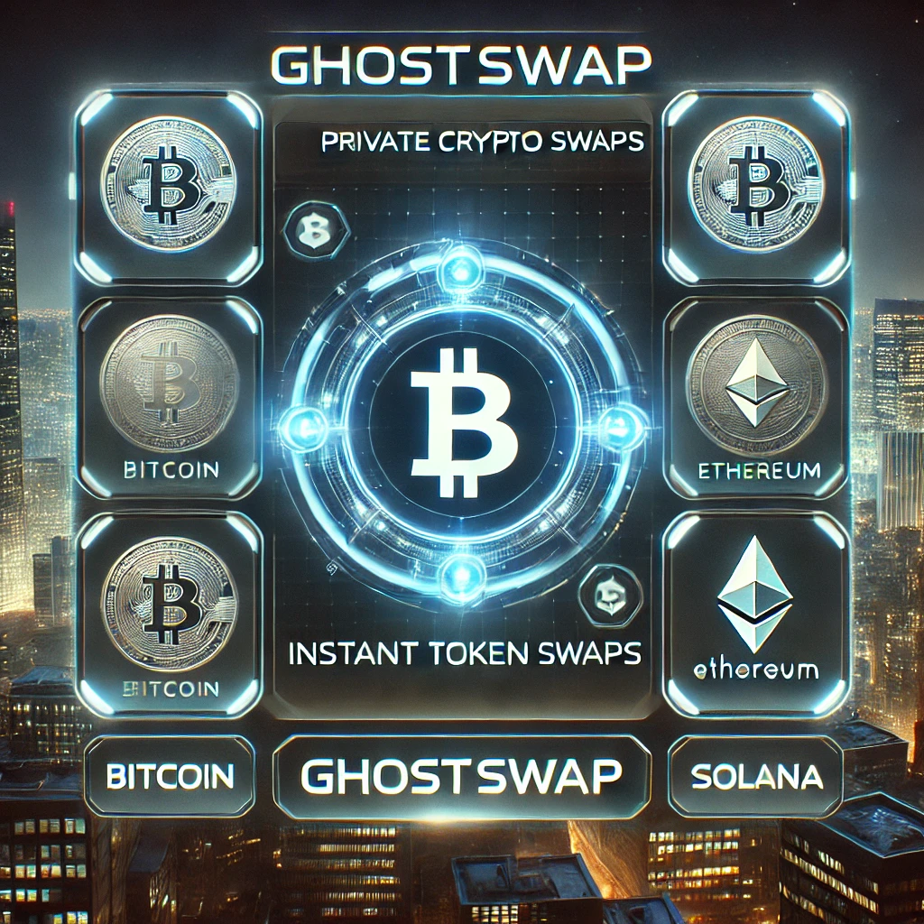 A futuristic digital interface showcasing GhostSwap, a decentralized exchange (DEX) for private crypto swaps. The interface displays a sleek, dark-themed trading dashboard with instant swap options, with a holographic pad projecting cryptocurrency logos such as Bitcoin, Ethereum, and Solana. The background features a cyberpunk cityscape with glowing neon elements, emphasizing digital privacy and security.