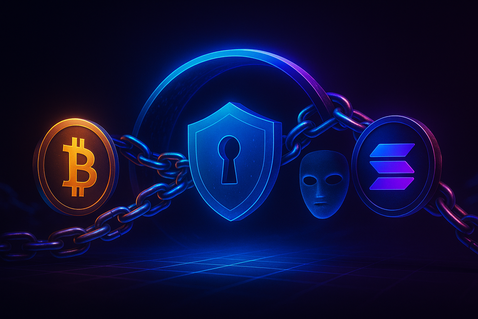 3D cyber-punk illustration of Bitcoin, Ethereum, and Solana coins linked by glowing chains beneath a security shield and anonymity mask, symbolising private cross-chain trading without KYC.