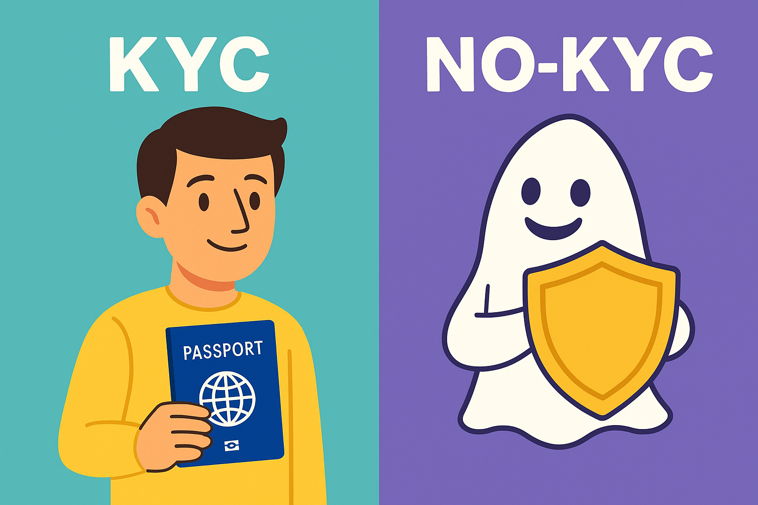 Split-screen illustration comparing crypto exchanges: left side shows a smiling man holding a passport under the label ‘KYC,’ while the right side features a friendly ghost mascot holding a shield beneath the label ‘NO-KYC’
