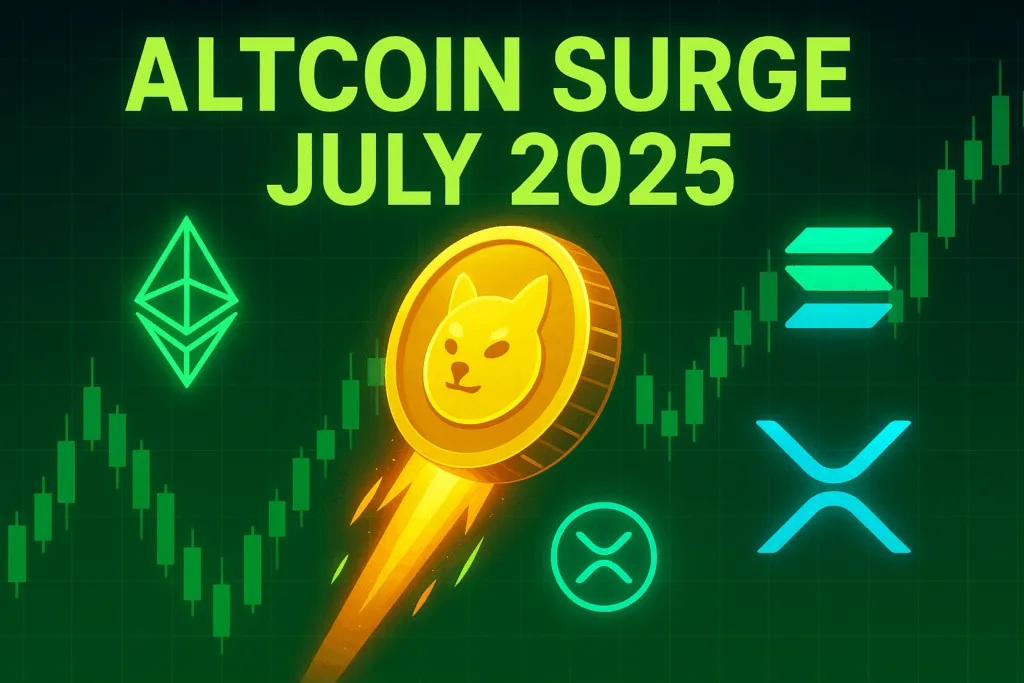 Abbildung von Altcoin-Symbolen und einer nach oben explodierenden Raketenmünze vor einem grünen Candlestick-Chart mit der Überschrift „Altcoin Surge July 2025“