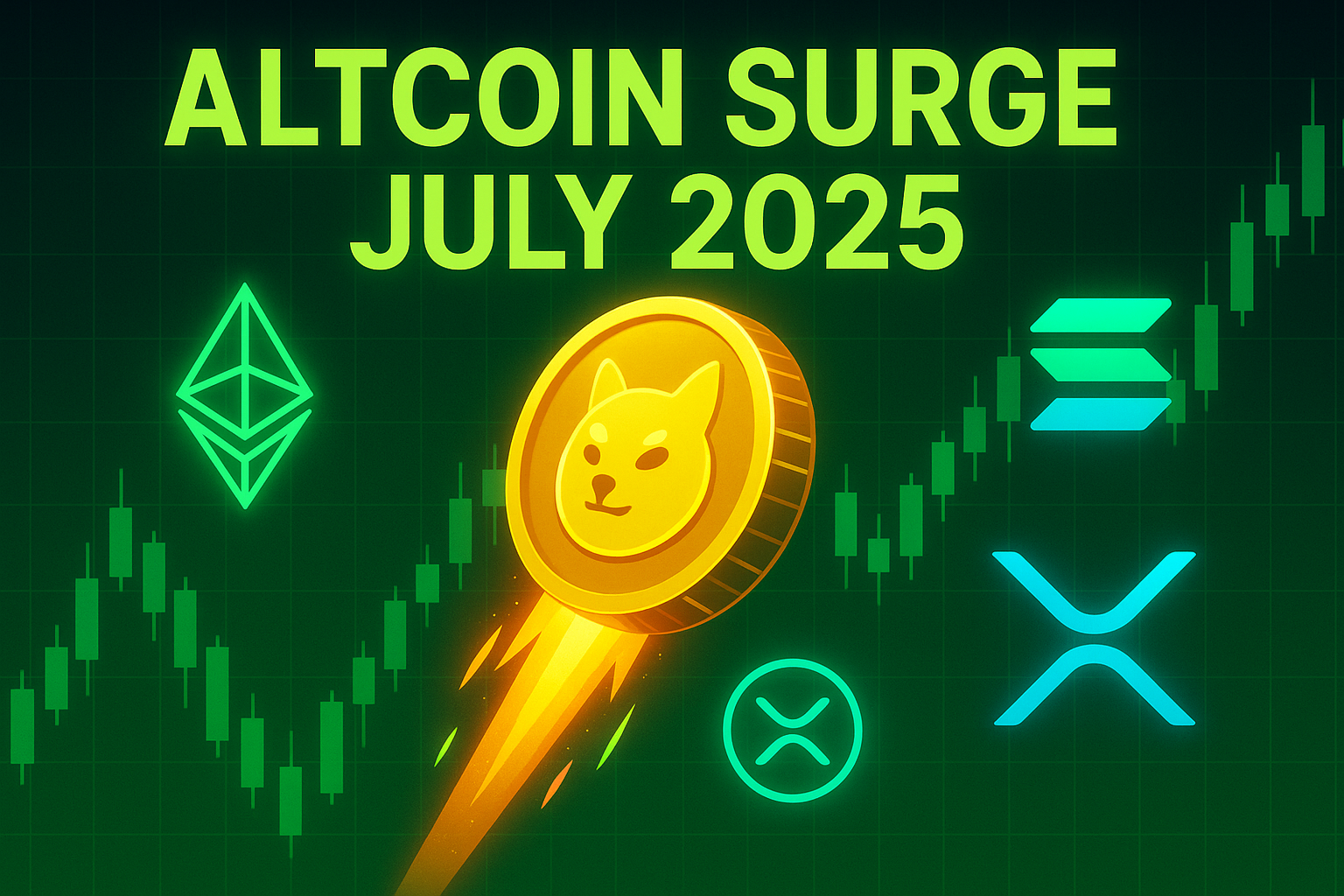 Illustration of altcoin symbols and rocket coin exploding upward against a green candlestick chart with headline ‘Altcoin Surge July 2025’
