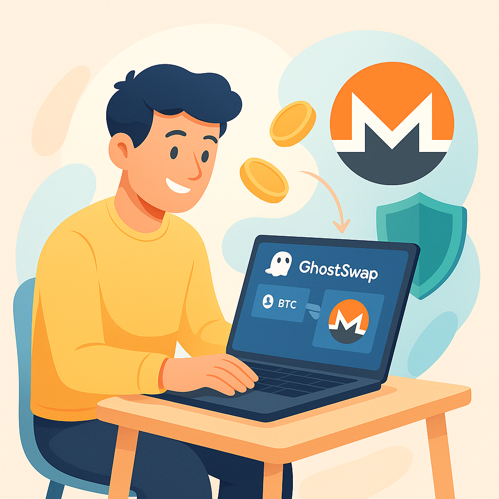 Friendly flat-style artwork of a user completing a private crypto trade on GhostSwap. The scene includes the Tor onion logo, a padlock shield, the Monero emblem, and arrow graphics denoting an anonymous, KYC-free swap.