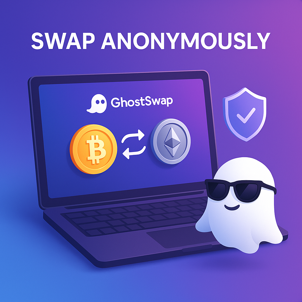 Vector illustration of a laptop displaying the GhostSwap swap widget with Bitcoin and Ethereum icons linked by arrows, a privacy shield, and a sunglasses-wearing ghost mascot on a purple-blue gradient background, symbolising no-KYC anonymous crypto swapping.
