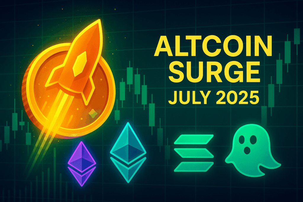 GhostSwap-mascotte en pijlen die Bitcoin-, Ethereum- en Solana-symbolen verbinden boven een stijgende marktgrafiek, wat staat voor cross-chain swaps zonder KYC.