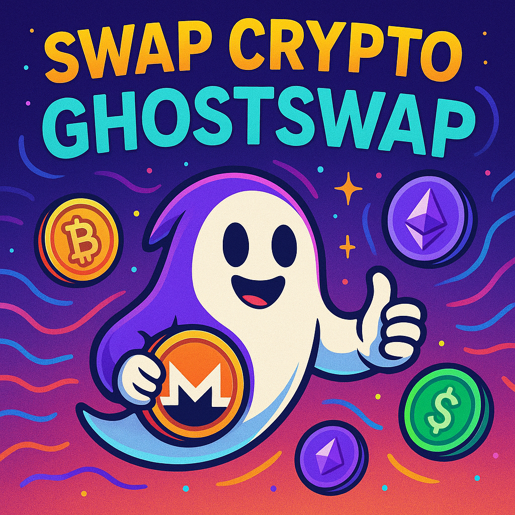 Square, vibrant poster of a friendly ghost giving a thumbs-up and clutching a Monero coin, surrounded by colorful crypto symbols and the text “Swap Crypto GhostSwap.