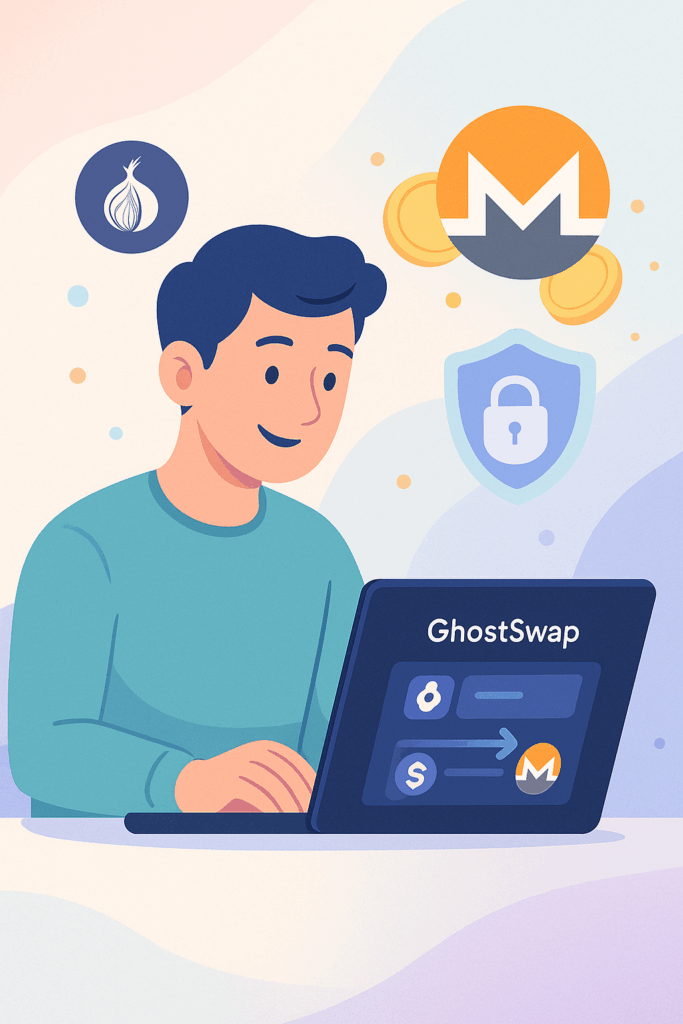 Illustration of a smiling young man seated at a desk, using a laptop that shows Bitcoin converting to Monero on GhostSwap. Floating coins, the Monero symbol, and a green shield icon emphasize privacy and ease of use.