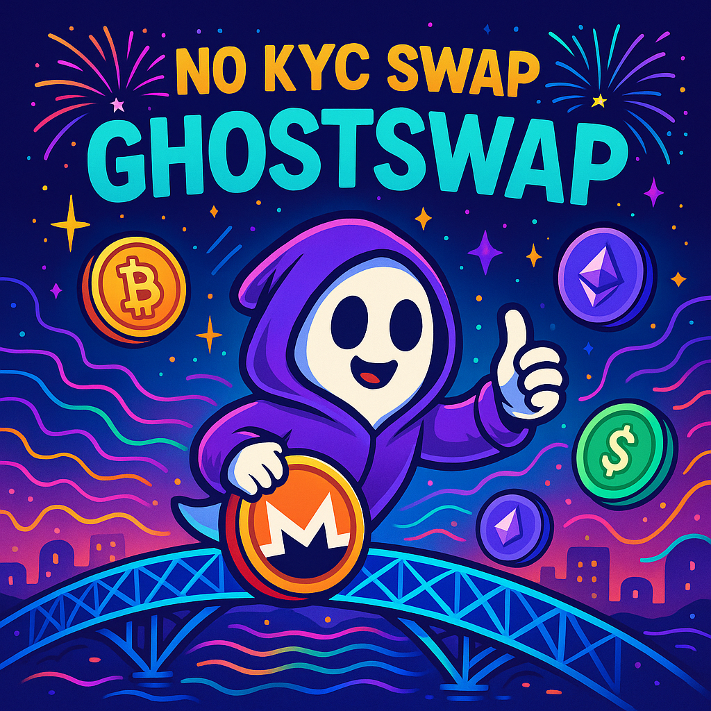 Square cyberpunk illustration of a smiling ghost in a purple hoodie standing on a glowing bridge, holding a Monero coin while Bitcoin and Ethereum tokens float amid fireworks; bold headline reads “No KYC Swap — GhostSwap.