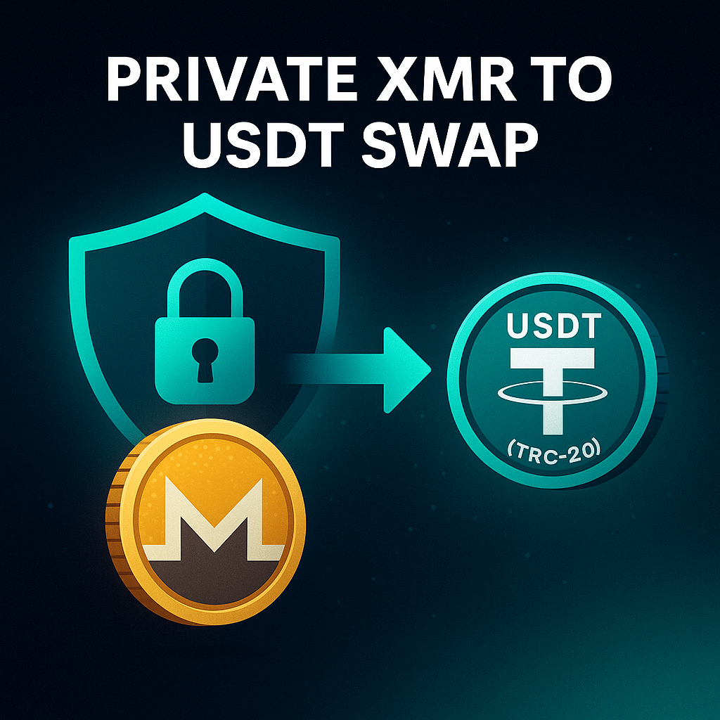 Flat-design graphic of an anonymous trader securely swapping XMR to USDT (TRC-20) on the Tron network, symbolized by lock and Tron icons.