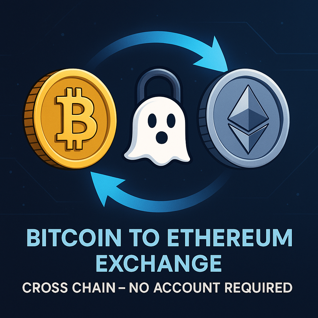 Illustration of Bitcoin (BTC) swapping to Ethereum (ETH) with ghost padlock and arrows, and the text 'Bitcoin to Ethereum Exchange – Cross Chain – No Account Required' emphasizing private, no-KYC swaps.