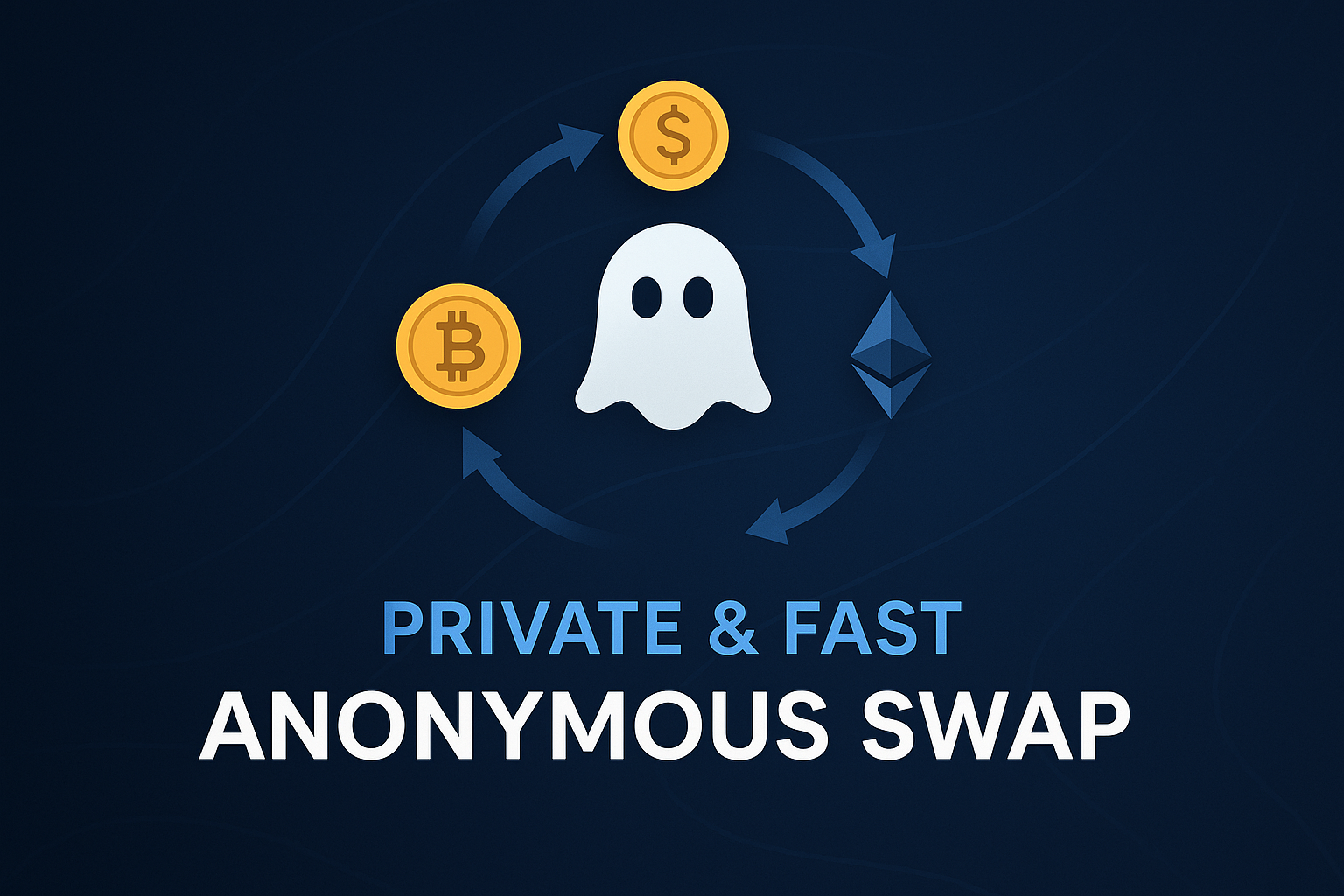 Illustration showing Monero and Bitcoin coins swirling around a ghost padlock with arrows and the text "Monero Bridge No KYC" to emphasize privacy.