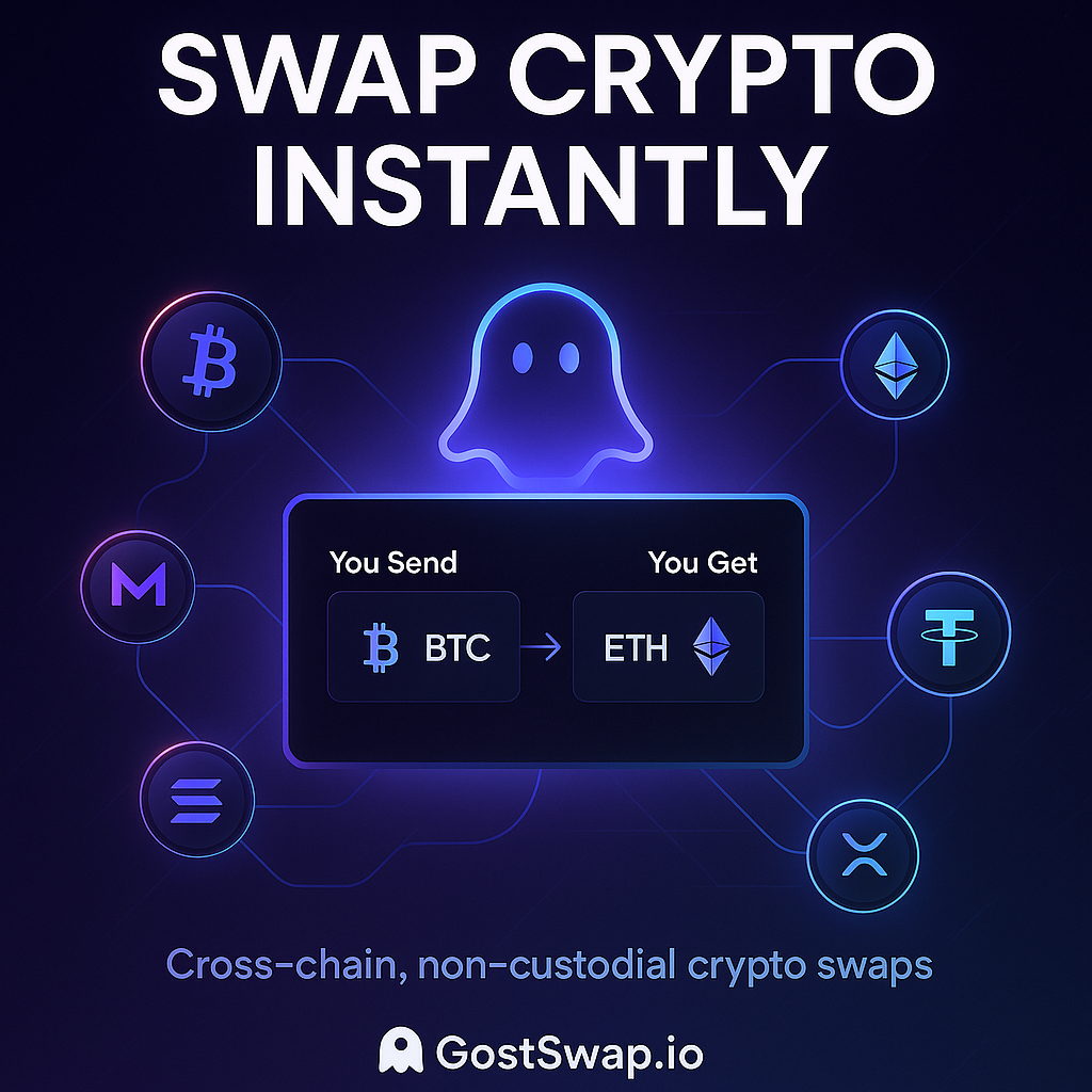 Futuristic GhostSwap interface showing a BTC to ETH crypto swap with a ghost icon and connected coin logos, highlighting instant cross-chain, non-custodial swap crypto service