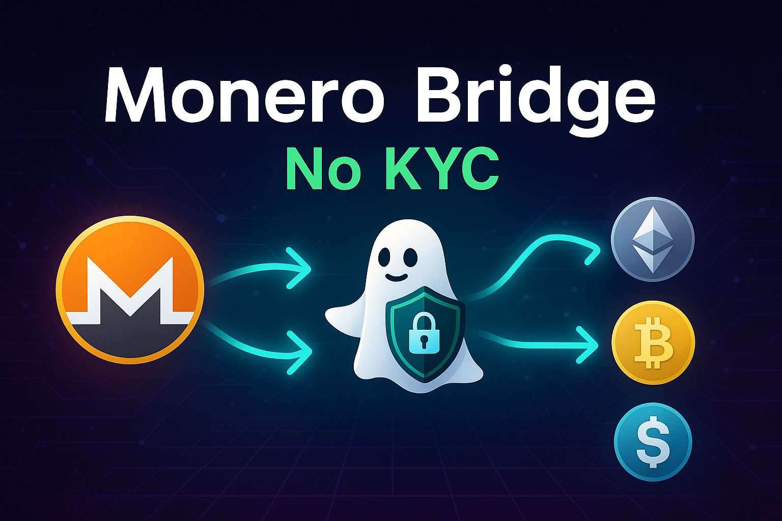 Illustration of Monero coin bridging to multiple blockchains with ghost and padlock icons and the text "Monero Bridge No KYC" representing privacy-friendly cross-chain swapping.