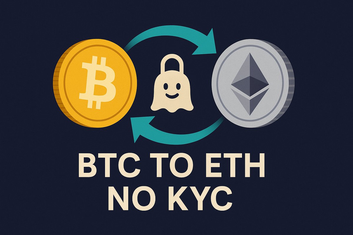 Illustration showing Bitcoin (BTC) exchanging to Ethereum (ETH) with a ghost padlock and curved arrows, with the text 'BTC to ETH NO KYC' emphasising privacy and no KYC.