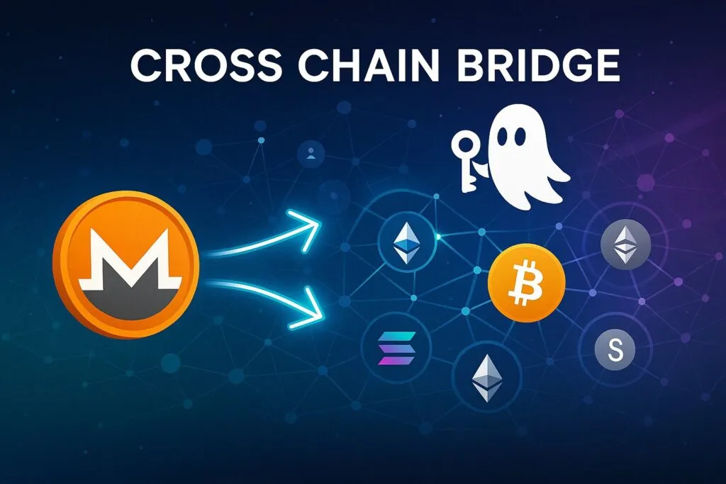 Иллюстрация кросс-чейн-моста, на которой монета Monero соединена стрелками с Bitcoin и другими монетами в сети, а значок-призрак подчеркивает отсутствие необходимости в процедуре KYC для конфиденциальности.