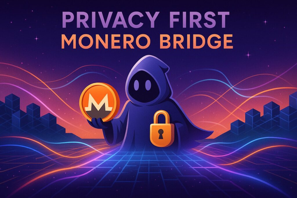 Illustration of a hooded ghost holding a Monero coin and padlock on a glowing bridge with swirling lines and the text “Privacy First Monero Bridge”, representing privacy-focused cross‑chain swaps.