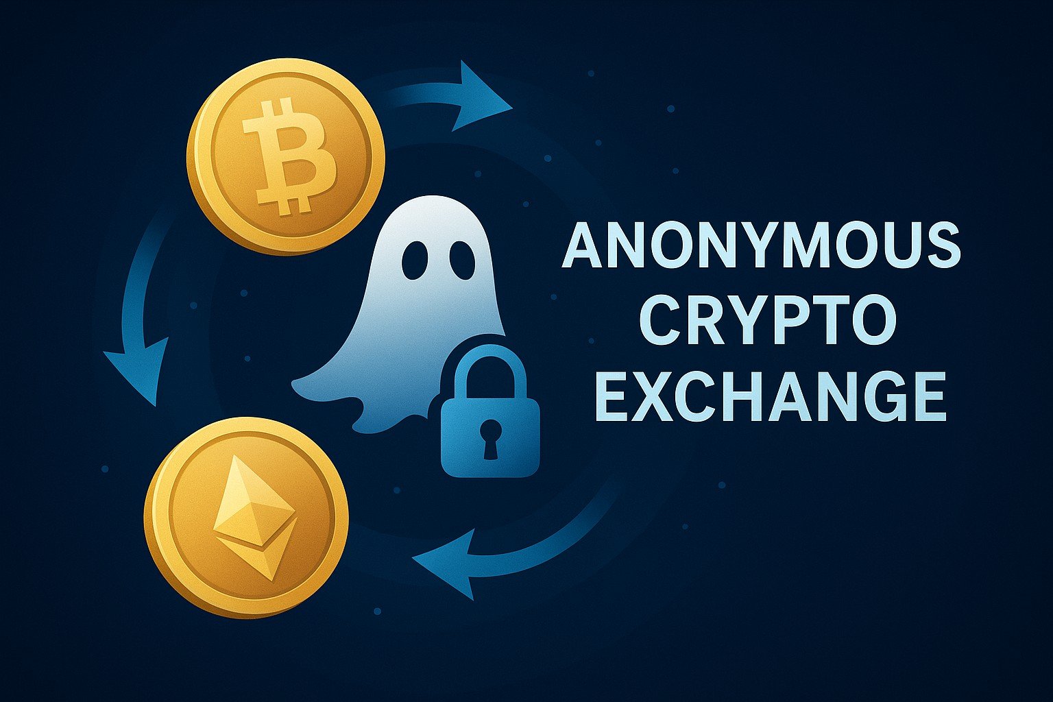 Illustration showing Bitcoin and Ethereum coins with a ghost and padlock, arrows forming a circle, and the text ‘Anonymous Crypto Exchange’ emphasising privacy and no KYC.