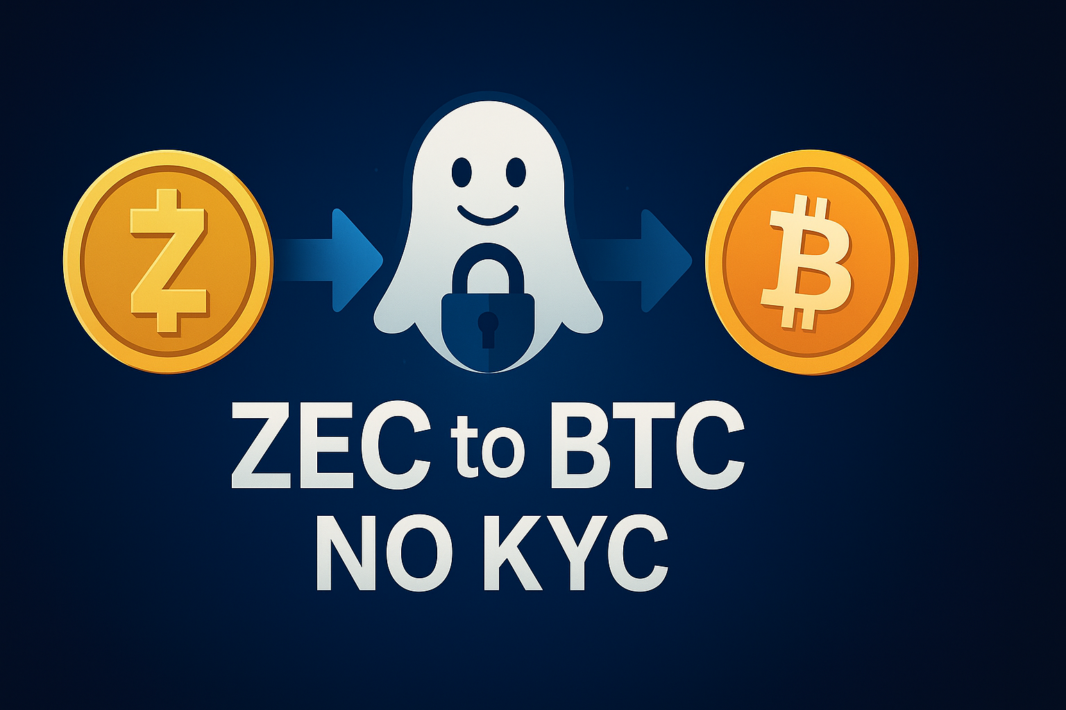 Illustration showing Zcash (ZEC) coin swapping to Bitcoin (BTC) with a ghost padlock and the text 'ZEC to BTC NO KYC' on a dark blue background.