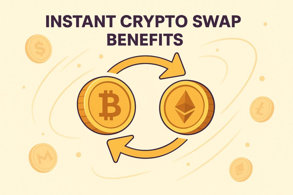 Illustration showing the benefits of instant crypto swap with circular arrows connecting Bitcoin and Ethereum icons and the text 'Instant Crypto Swap Benefits'.