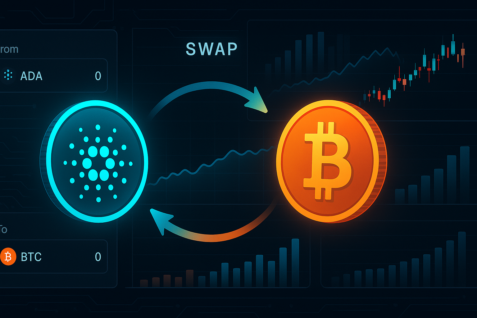 Dark mode crypto dashboard showing ADA to BTC swap with charts and liquidity bars