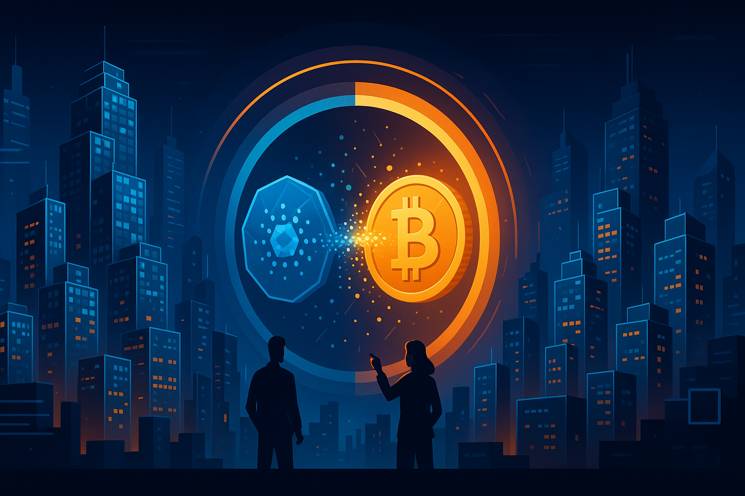 Futuristic crypto city with ADA to BTC swap portal and data streams