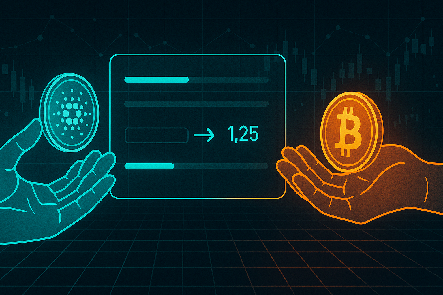 Holographic ADA to BTC swap interface over dark digital crypto grid