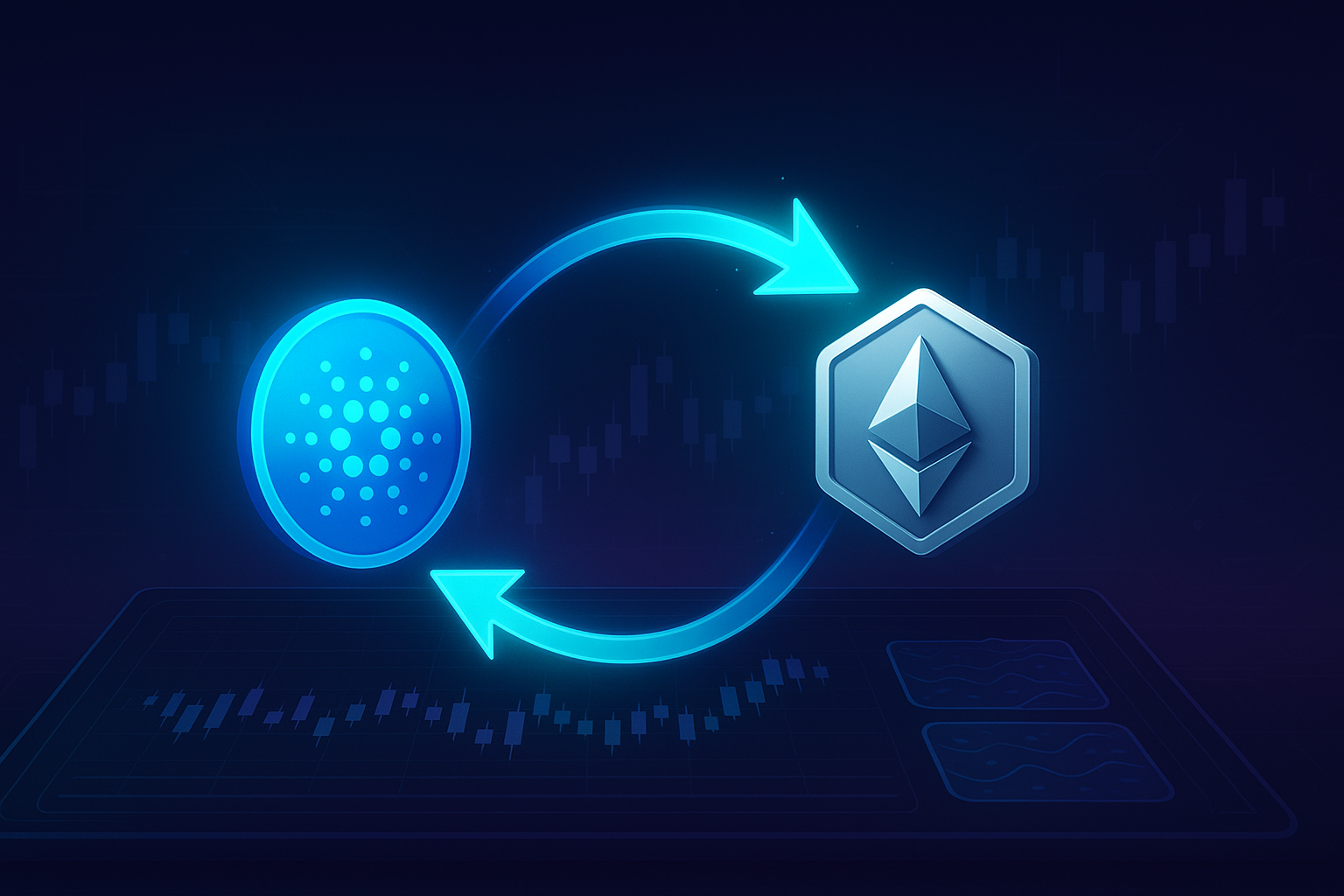 Crypto dashboard banner showing ADA to ETH swap along neon exchange path