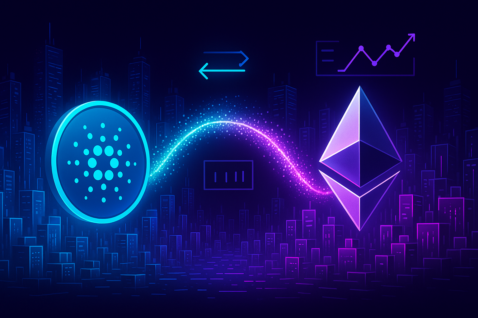 Futuristic holographic city with ADA to ETH token swap visualized by glowing data arc