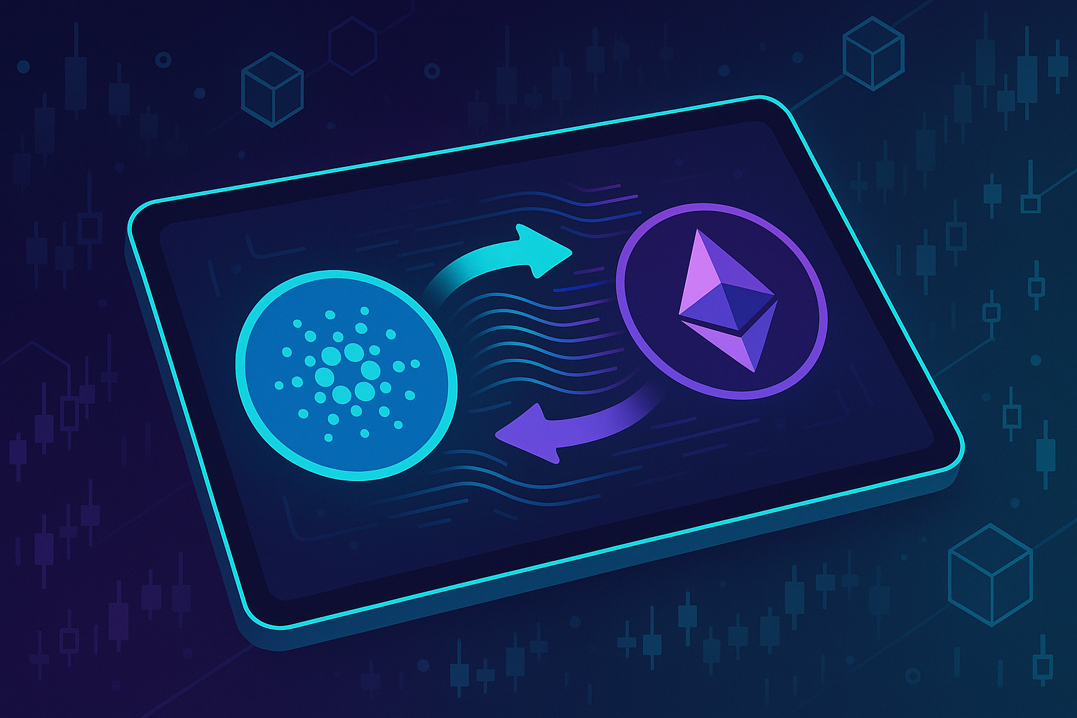 Top-down crypto swap interface showing ADA to ETH conversion on tablet