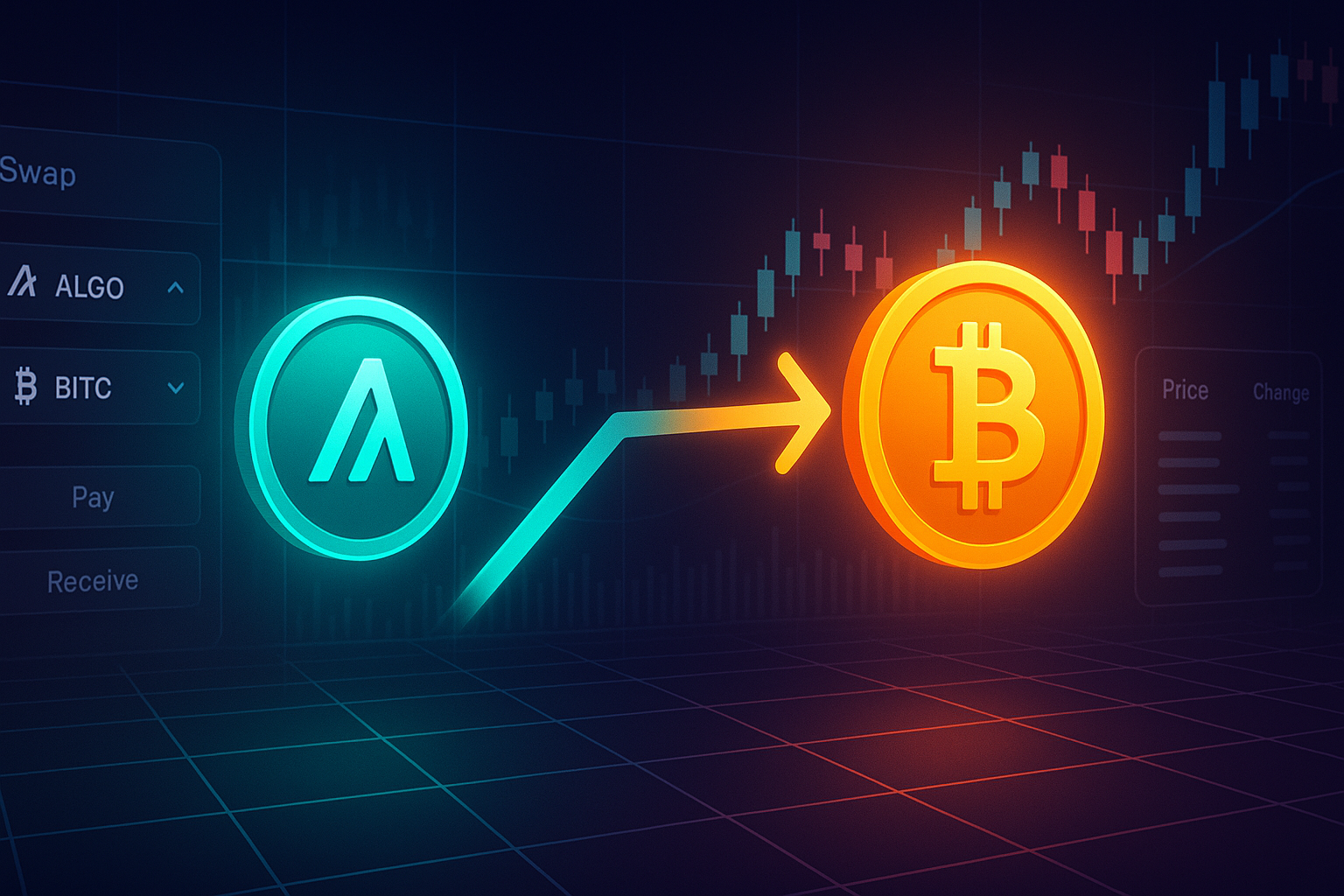 Crypto dashboard showing ALGO to BTC swap with glowing coins and charts