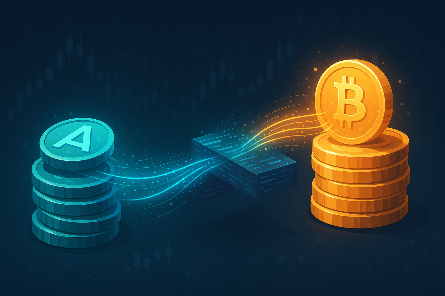 Digital bridge of code blocks swapping ALGO-style coins to Bitcoin-like coins