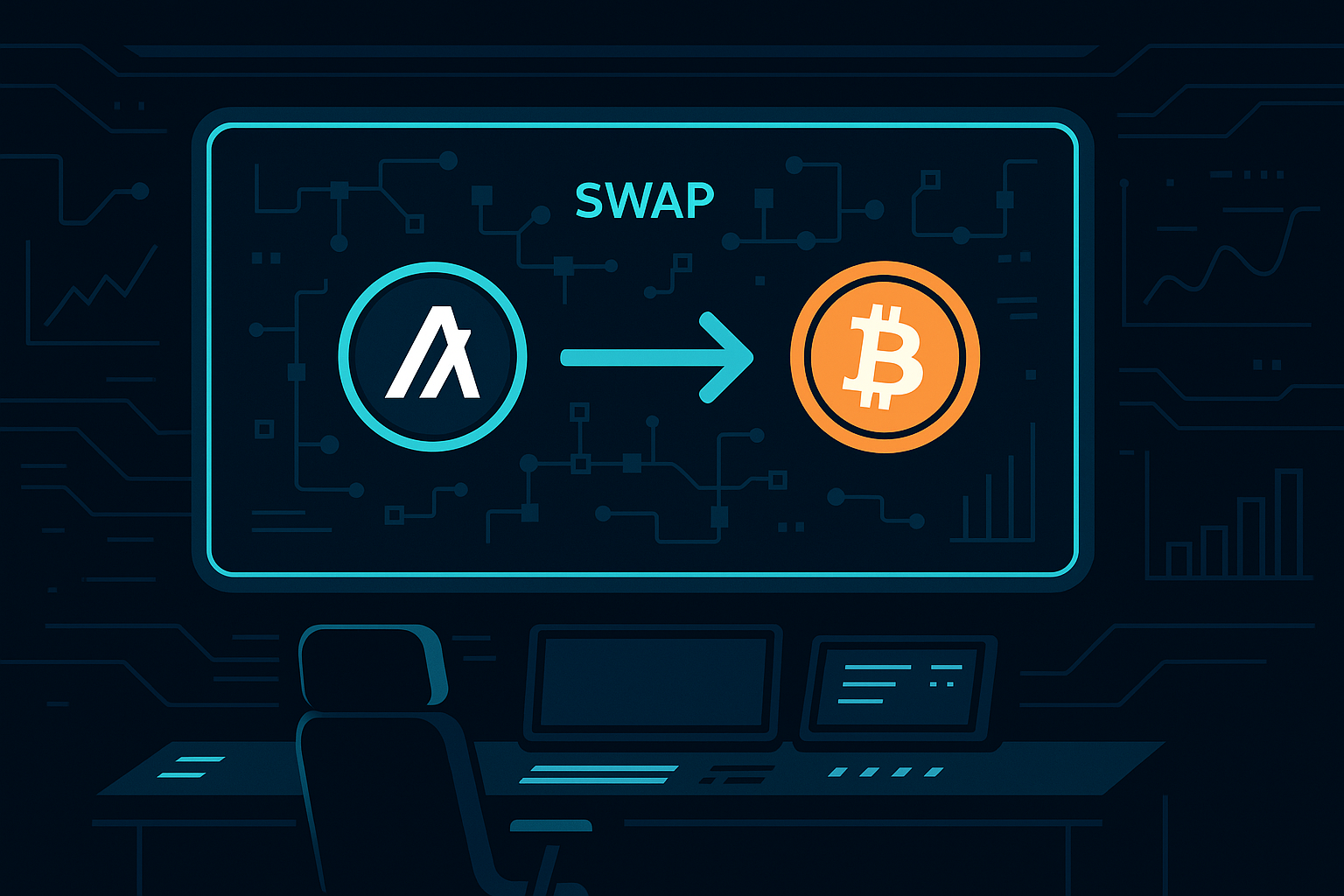Futuristic control room screen showing ALGO to BTC swap interface