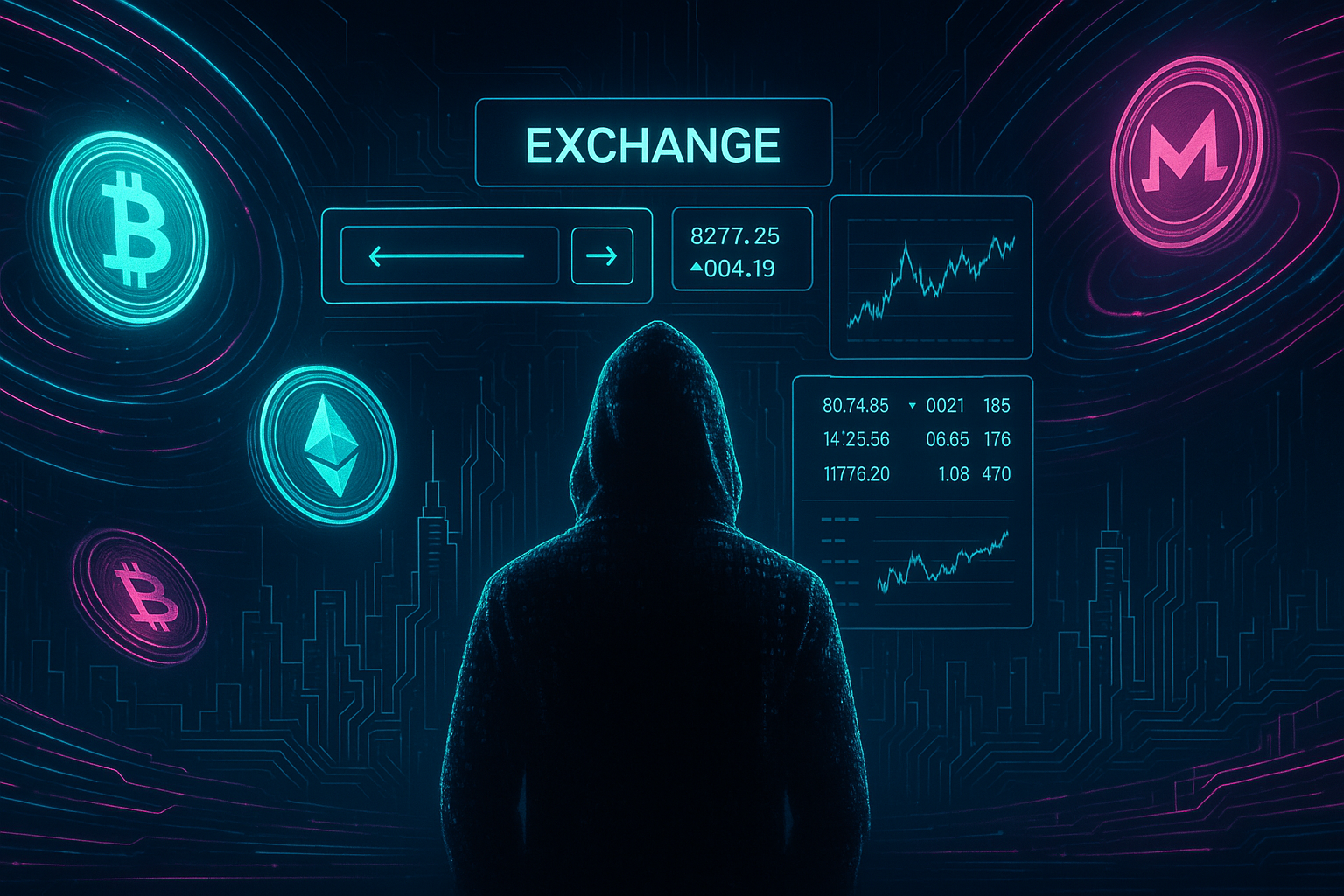 Anonymous hooded figure of glowing code trading crypto on a futuristic exchange interface