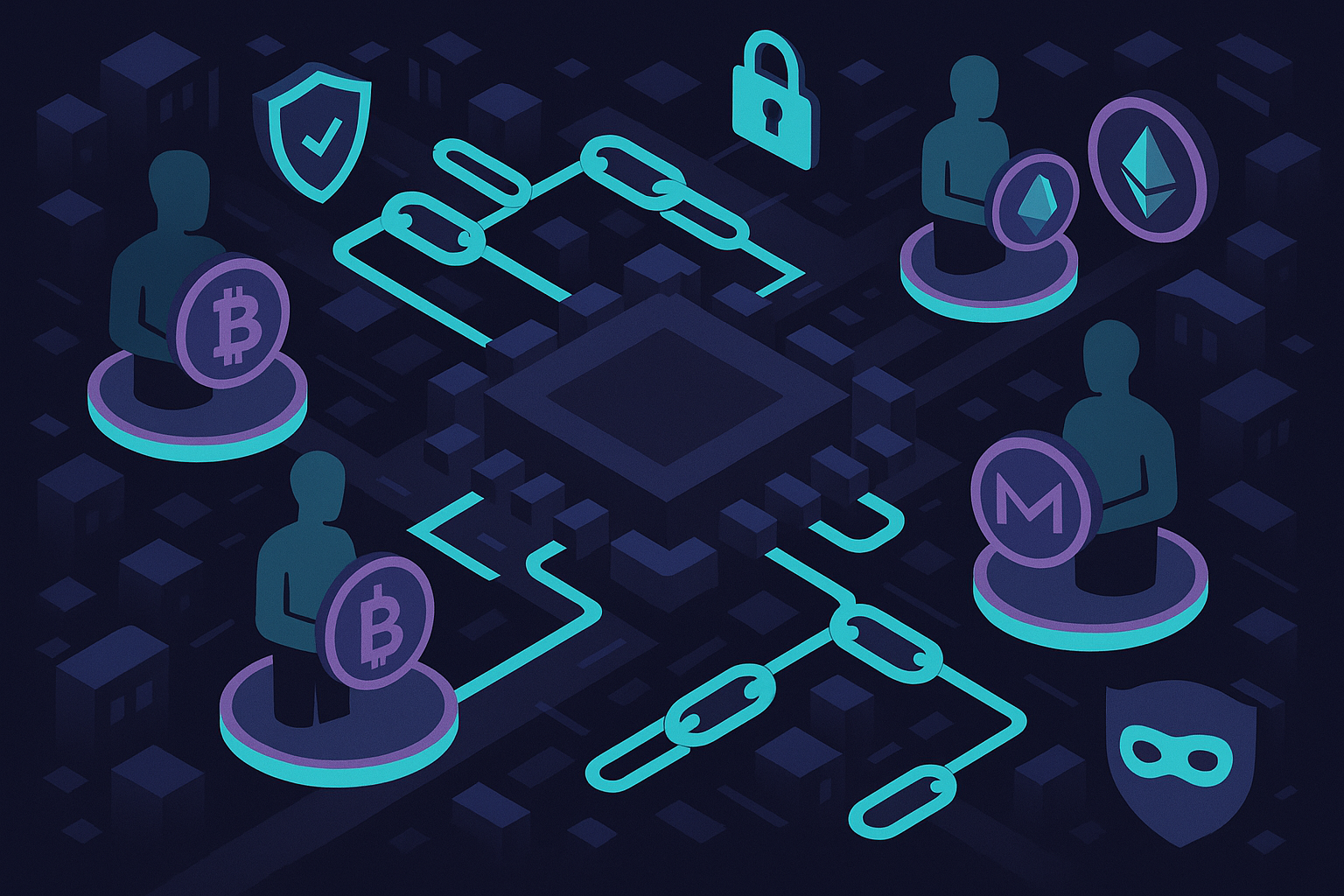 Digital neon city microchip with anonymous avatars trading crypto on a privacy-focused blockchain exchange