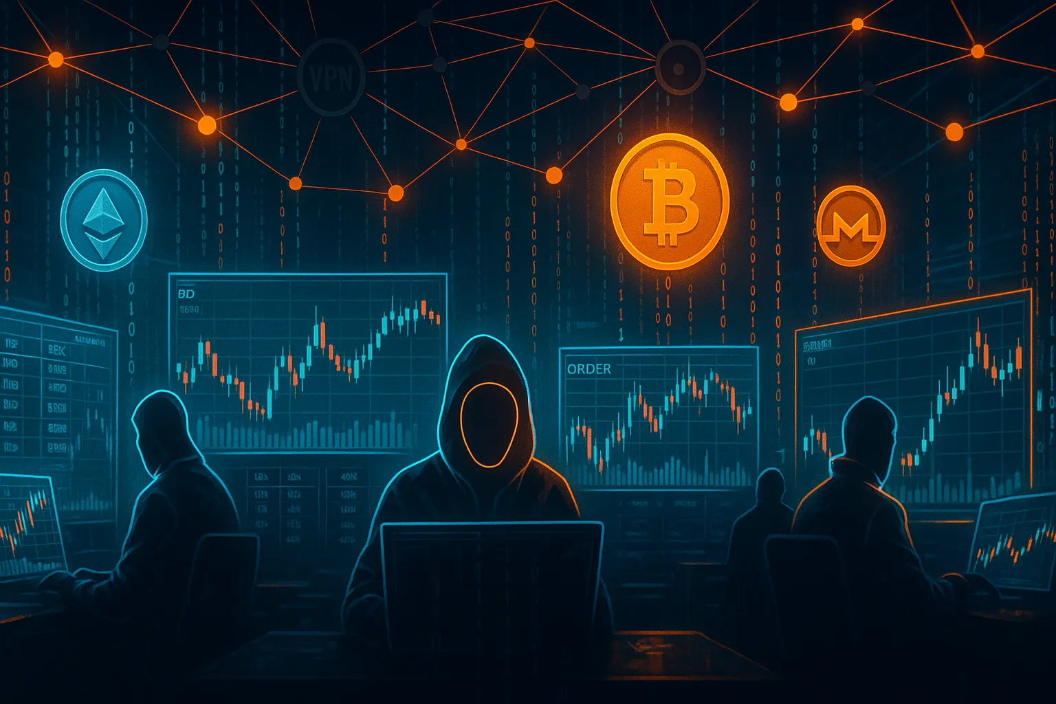 Sala de operaciones ciberpunk que muestra comerciantes de criptomonedas anónimos y gráficos holográficos de bitcoin