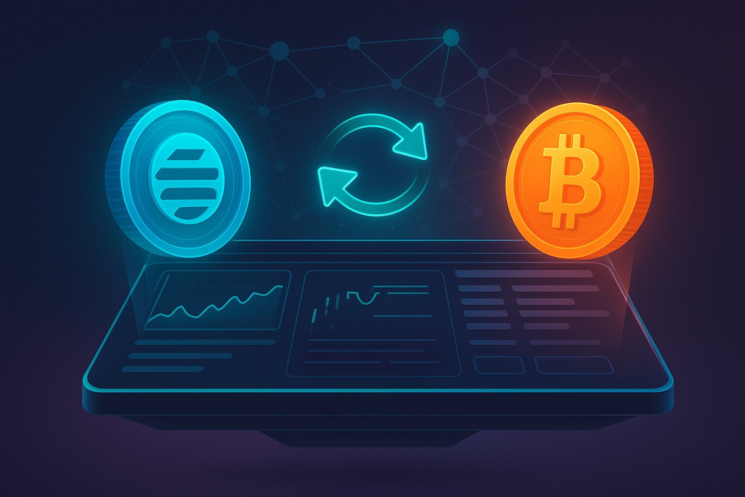 Futuristic crypto terminal visualizing a private APT to BTC swap