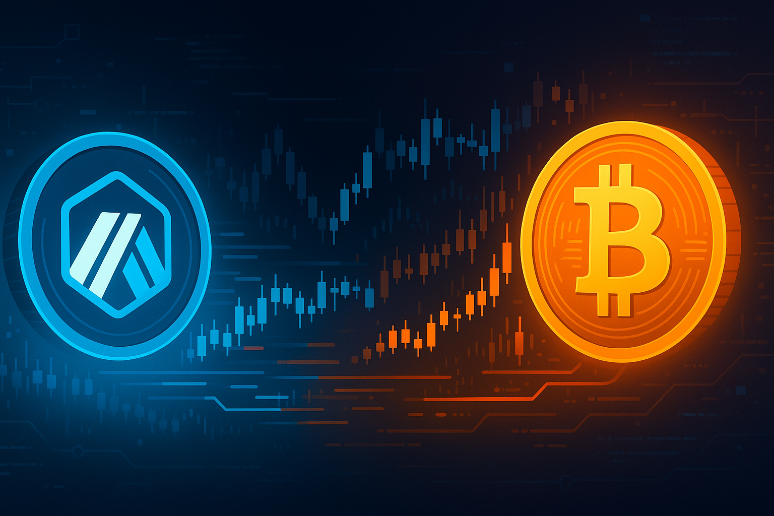 Digital ARB to BTC swap banner with glowing tokens and data streams