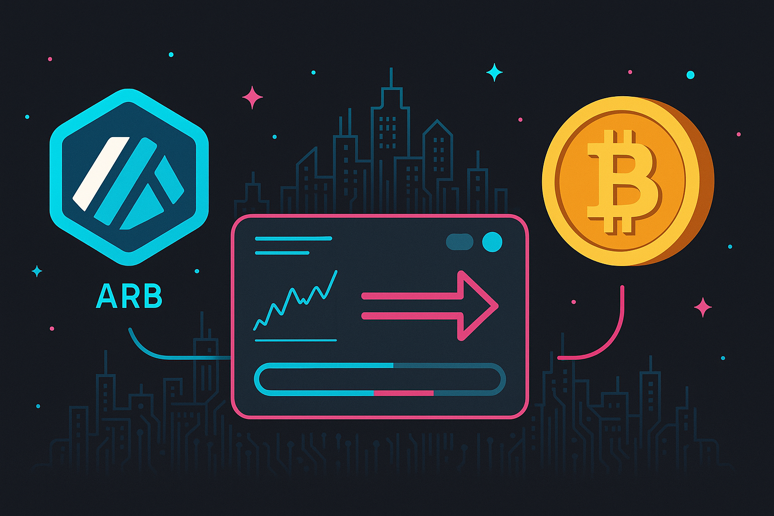 Futuristic crypto dashboard showing ARB to BTC swap in space