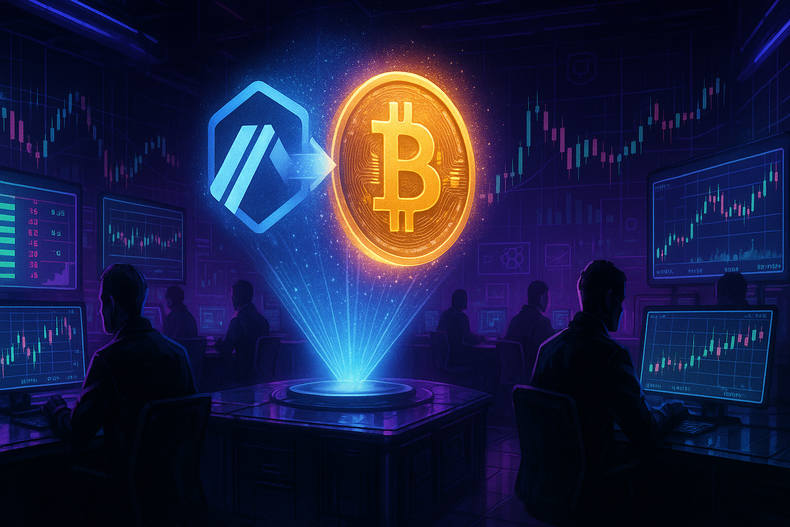 Cyberpunk trading floor with holographic ARB to BTC swap visual