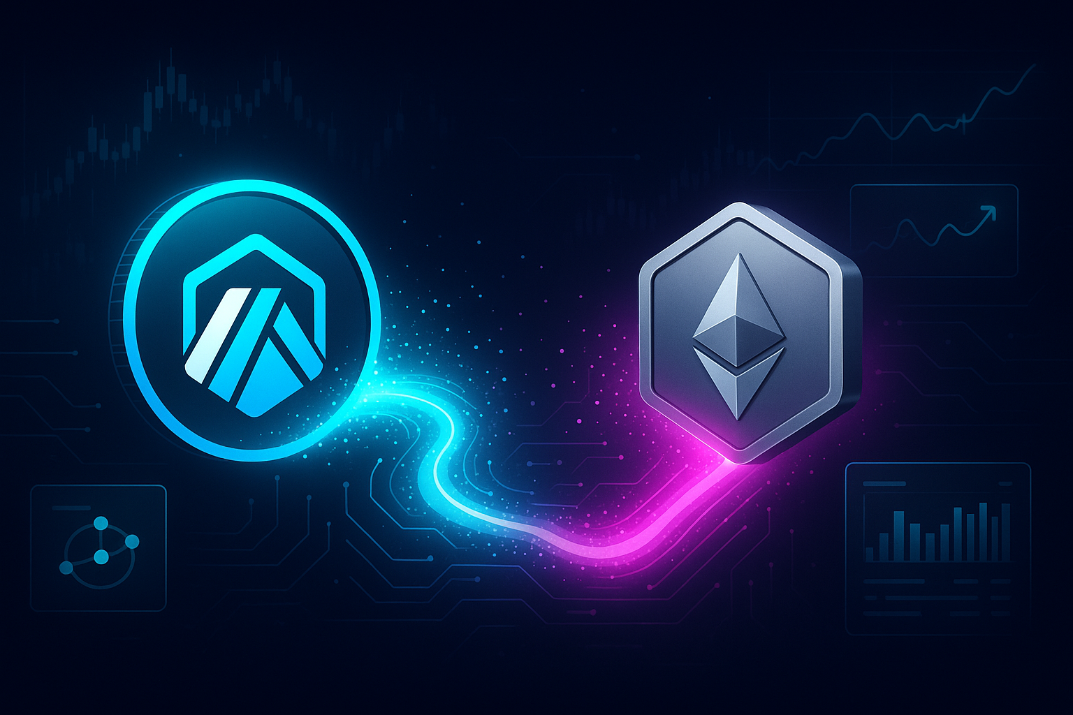 Futuristic ARB to ETH swap banner with glowing tokens and DeFi charts