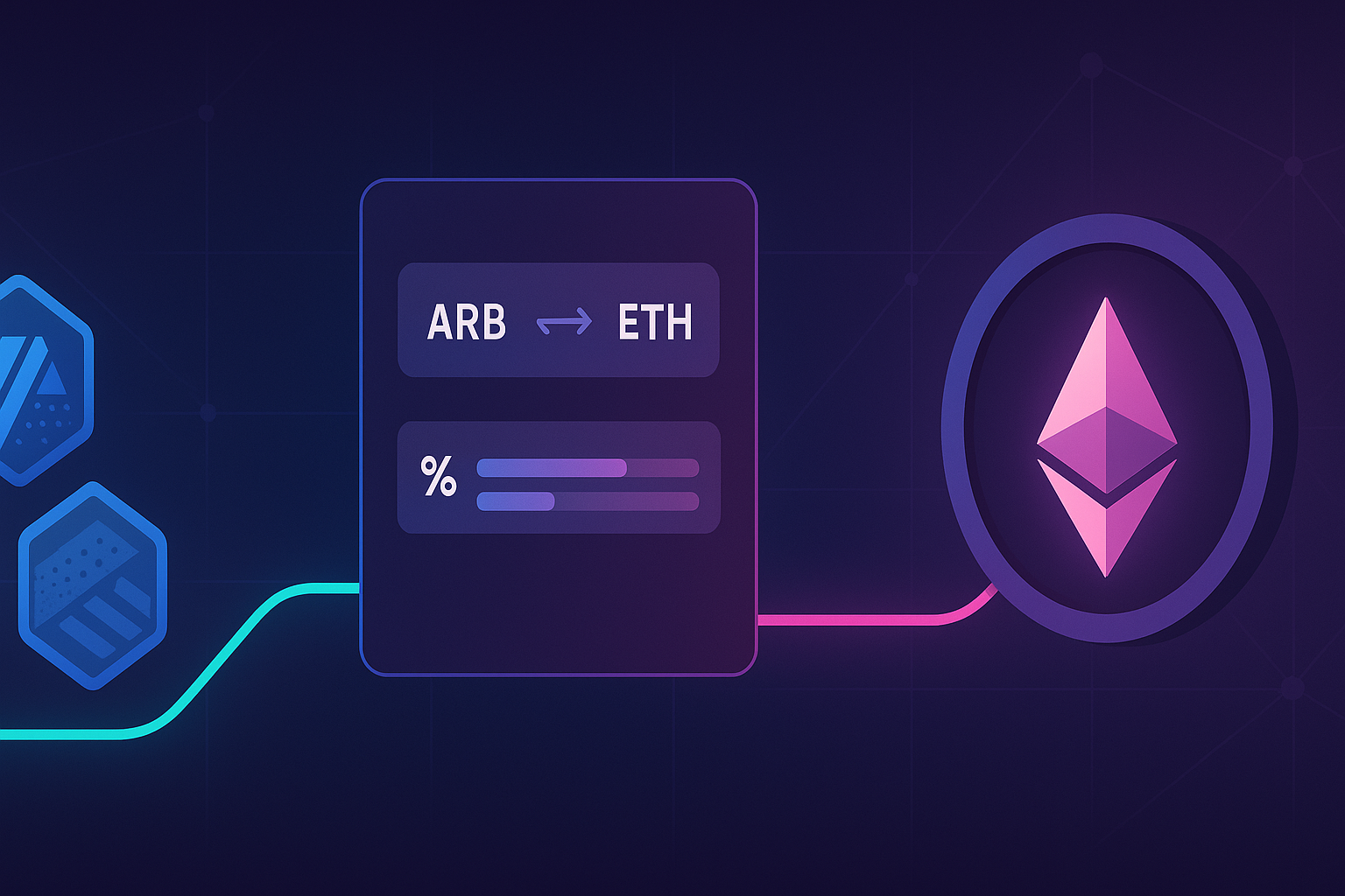 Flat design crypto banner showing ARB to ETH swap bridge interface