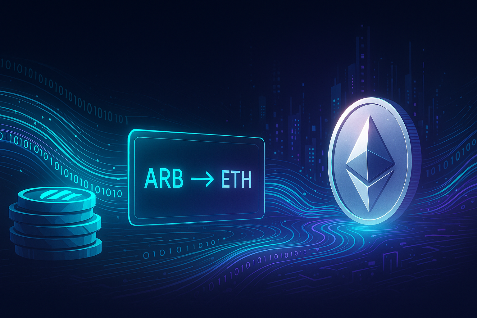 Futuristic DeFi interface showing ARB to ETH swap with glowing crypto coins
