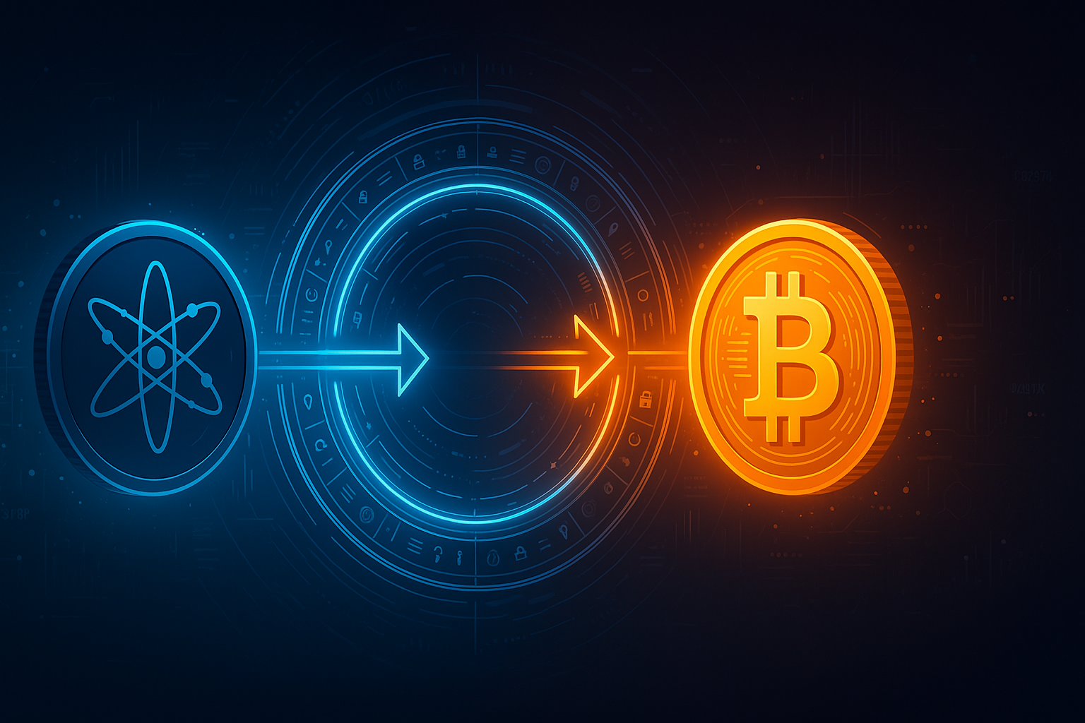 Atomic swap banner showing ATOM to BTC exchange through a neon crypto portal