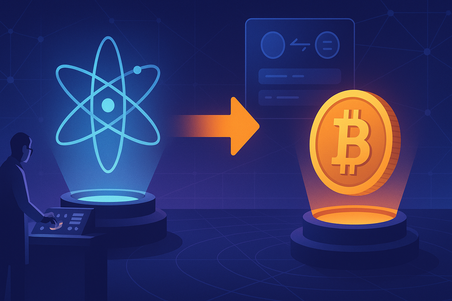 Digital lab hologram transforming an ATOM symbol into a Bitcoin coin for crypto swap